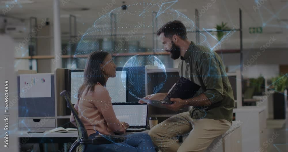 Poster woman typing laptop data triggers colleague tapping tablet showing globe network updating tech data