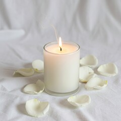 A lit candle surrounded by white petals on a white fabric surface