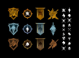 set of rank medal in bronze, silver, gold with shield, banner flag, frame button. include animal, fantasy, rpg, medieval, class role symbol