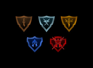 set of shield badge rank medal in bronze, silver, gold, mythic with dagger and sparta helmet symbol