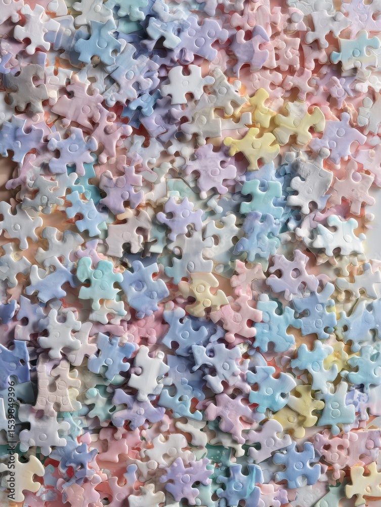 Poster colorful explosion of pastel puzzle pieces creating a vibrant artistic display on a light background