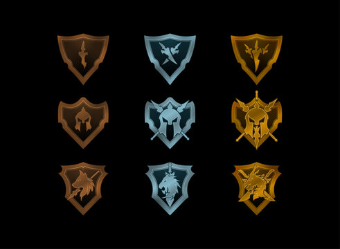 set of shield rank medal in bronze, silver, gold with sword, medieval helmet, animal symbol clan emblem