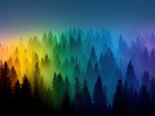 Majestic forest landscape illuminated by ethereal light creating a mesmerizing rainbow gradient through dense pine trees capturing the beauty of nature's color spectrum