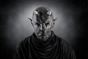 Portrait of a bad devil with horns on head over dark misty background