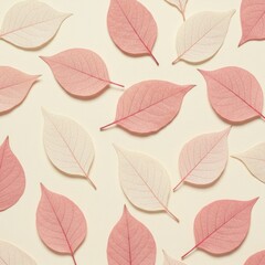 A patterned layout of translucent pink leaves on a pale yellow background