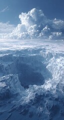 Aerial view of a vast, icy canyon system under a bright sky with dramatic cumulus clouds