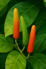 This image features the striking fruit of the long pepper plant. The focal point includes three spiked, cylindrical fruits in various stages of ripeness—one green, one orange, and one red—emerging pro