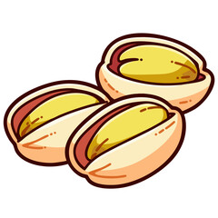 Three pistachio nuts in shells isolated on white background, hand drawn doodle cartoon clip art, isolated clean and simple vector illustration