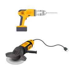 Vector illustration with drill screwdriver and angle grinder machine on white background.