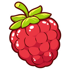 Ripe fresh raspberry berry with green stem, doodle cartoon clip art, isolated clean and simple vector illustration