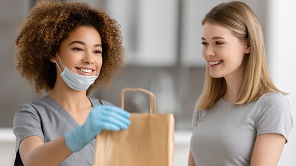 A barista in a medical mask serves a brown paper bag to a customer in a cozy coffee shop with a warm atmosphere