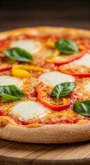 Delicious Hot Pizza on Wooden Table – 3D Render - Hot cheesy pizza with toppings on a rustic wooden table – cozy 3D render with realistic lighting and textures.