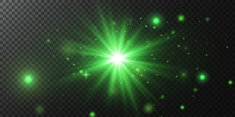 Fototapeta premium Green glowing light burst on transparent background, green sun rays, sunlight burst with rays, vector illustration, eps 10