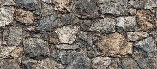 Obraz premium Rough-hewn stone wall, diverse grey and brown tones, irregular shapes and sizes, close-up view showcasing texture and natural variations