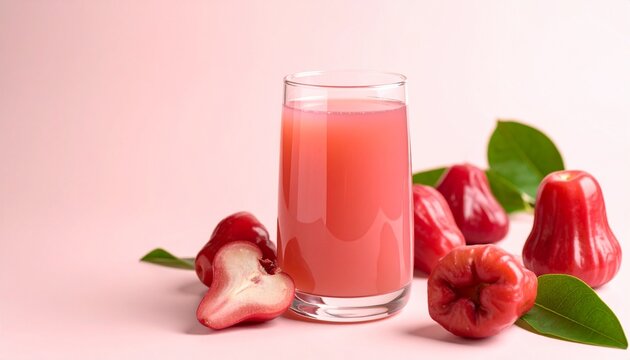 A glass of rose apple juice with sliced rose apples on a soft blush backdrop