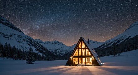 Aframe cabin glows warmly in snowy mountains under a starry night sky