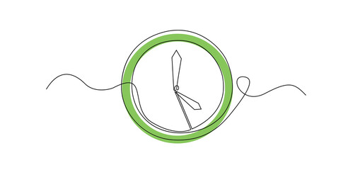 Clock One Line Drawing Vector with Green Accent on White.