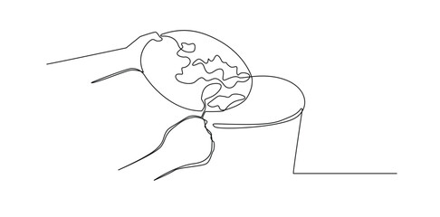 World in Trash Can - Single Line Vector on White Background.