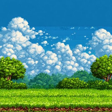 High-Resolution, Hyper-Realistic 2D Platform Game Background in SNES Graphics Style: Sky Blue and Green Palette, 8-bit Pixel Art, Side-Scrolling, 3D Platform Elements, Clean Pixel Style