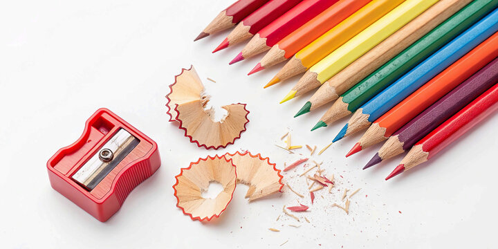 wooden crayons with plastic red sharpener and shavings isolated on white, top view