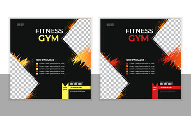 Gym Fitness social media post design template. Suitable for social media, flyers, banner, and web internet.Gym and fitness square banner social media post template