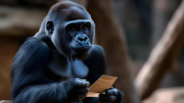 A gorilla is holding a piece of paper and appears to be examining it closely.