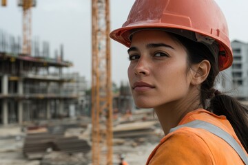 Female Construction Worker Operating Crane at Busy Construction Site