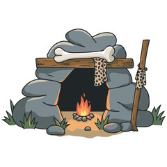 Cartoon caveman holding wooden club vector isolated white background