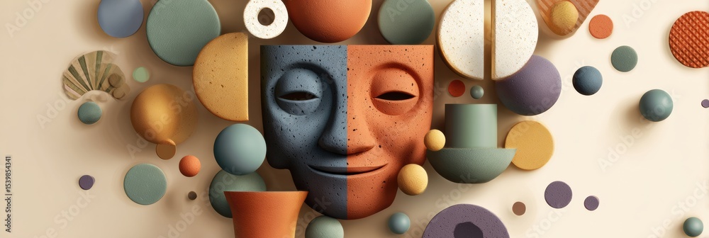 Aufkleber Smiling Clay Face Surrounded by Floating Abstract Shapes in Minimalistic Space