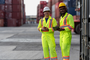 Industrial engineer standing at shipping container yard inspecting cargo delivering loading as plan. Cargo manager and diverse ethnic worker checking import export container at logistic terminal dock.
