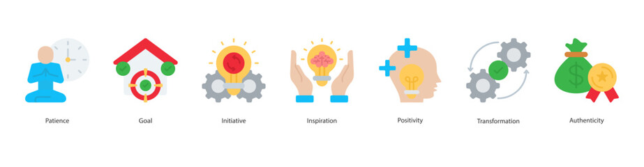 Inspired Personal Growth banner web icon set vector illustration concept with icon of patience, goal, initiative, inspiration, positivity, transformation, authenticity