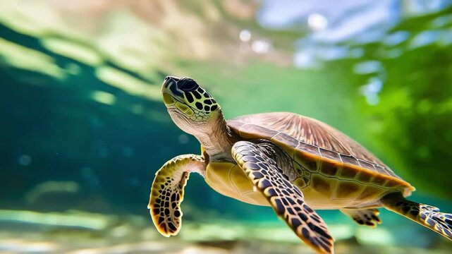 A green sea turtle gracefully swimming underwater, showcasing its flippers and patterned shell amidst clear water.