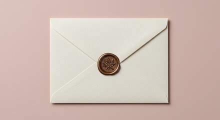 Cream envelope with brown wax seal bearing a leaf design on a pale pink background