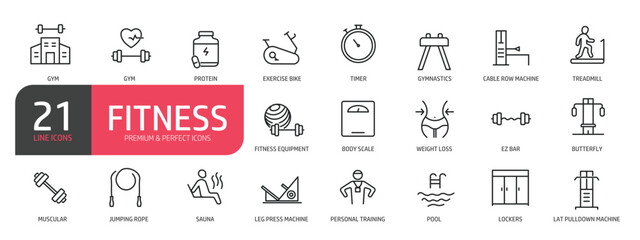 Set of line icons related to gymnastics, treadmill, jumping rope, fitness equipment. Outline icons collection. Editable stroke. Vector illustration.