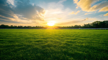 Naklejka premium Sunset at vacant horse racing track with lush green grass