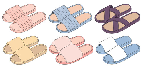 Six pairs of colorful summer slippers illustration