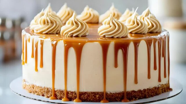 A creamy cake with a smooth caramel drizzle and decorative swirls on top, set on a flat surface.