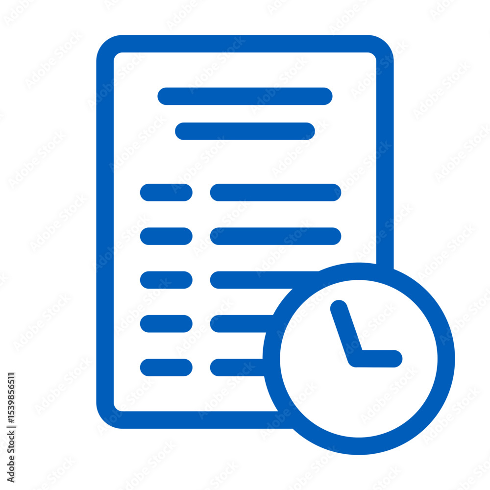 Poster blue outline of a document with horizontal lines and a clock icon indicating time management task