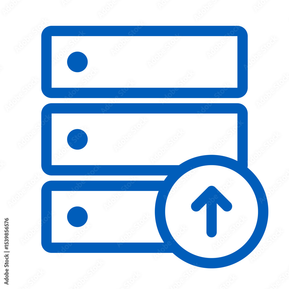 Poster blue outline icon showing a stack of servers with an upload arrow indicating data transfer process