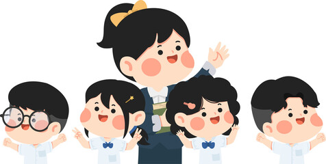 Cartoon Illustration of Teacher with Students school