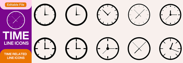 Time icon set. Thin line editable stroke icons. Clocks, calendars, time management, productivity, deadlines, calendars, schedule, productivity, business efficiency, time management, dates, performance