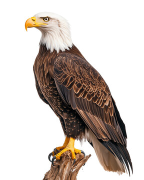 Bald eagle perched on branch against transparent background