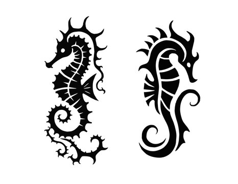 "Tribal Seahorse Tattoo Stencil Set &ndash; Vector Silhouette Illustrations"