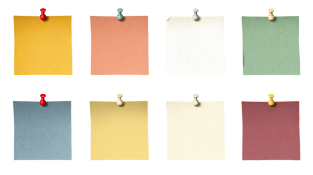 Eight Pastel Note Papers on Transparent Background, PNG