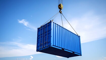 Crane Lifting Blue Cargo Container.
