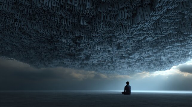 Person Sitting and Contemplating Under a Heavy Cloud of Words Representing Stress and Panic in a Dimly Lit Environment