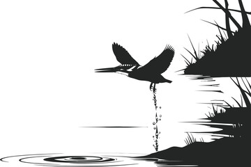 Silhouette of Kingfisher Bird Catching Prey in Mid-Air Over Riverbank