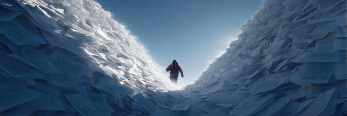 Person Navigating Paperwork Avalanche While Seeking Escape Through the Light in a Chaotic Office Environment