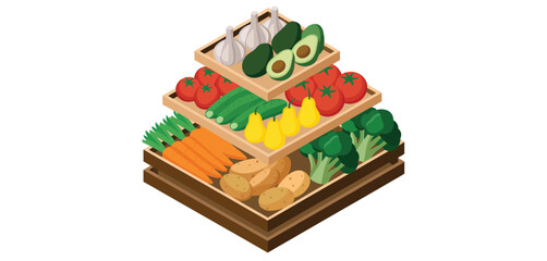 Fresh produce display in wooden crates