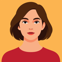 Vector illustration of a young woman with brown hair, red top, and neutral expression on an orange background. Ideal for avatars, profile pictures, fashion, beauty, and web design purposes.